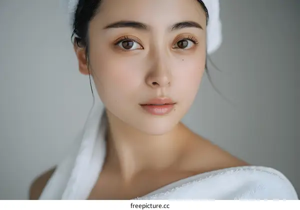 Beautiful Asian Woman With Towel Wrapped Around Her Head