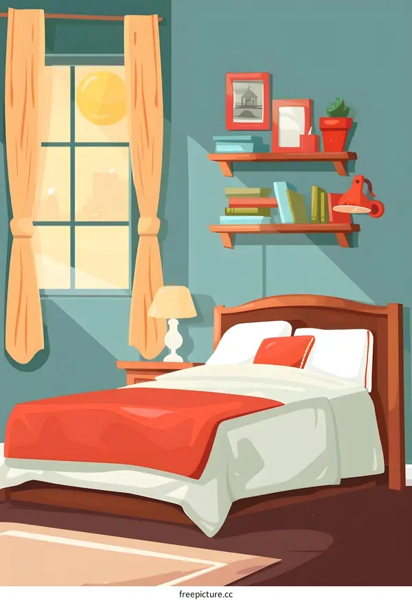 Bedroom Interior Design with Bed, Window, and Bookshelves