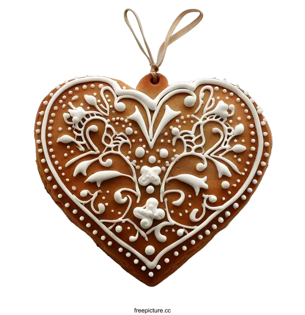 [Transparent Background PNG]A gingerbread cookie decorated with white icing in the shape of a heart.