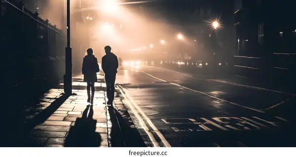 Couple Walking in Foggy Street at Night