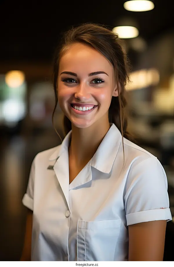Portrait of a smiling young woman in a white coat