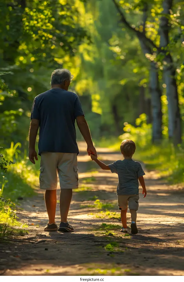 Grandfather and Grandson Walking Through the Forest