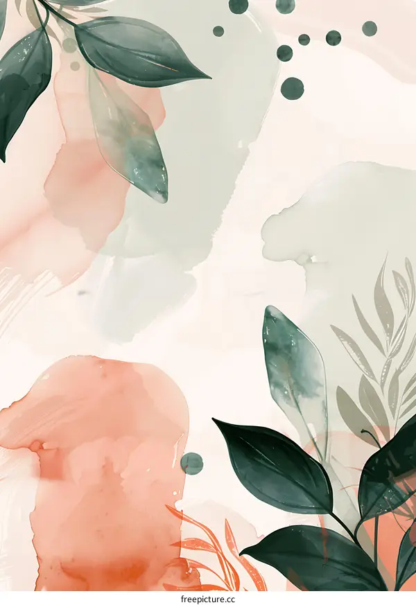 Watercolor Abstract Background with Green Leaves and Peach Color