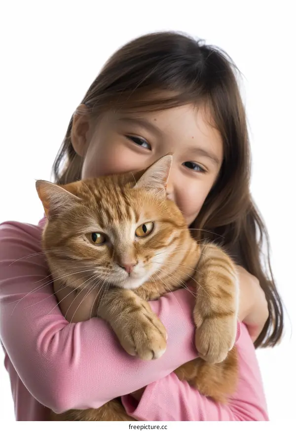 Little Asian girl hugging an orange cat