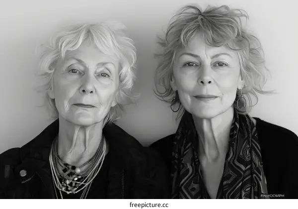 Two elderly women with short hair are posing for a photo. They are both wearing dark clothes and have serious expressions on their faces.