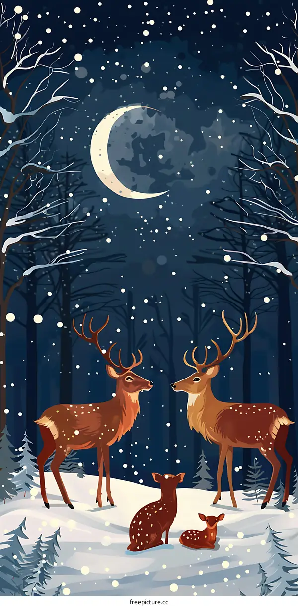 Winter Night in the Forest with Deer and Crescent Moon
