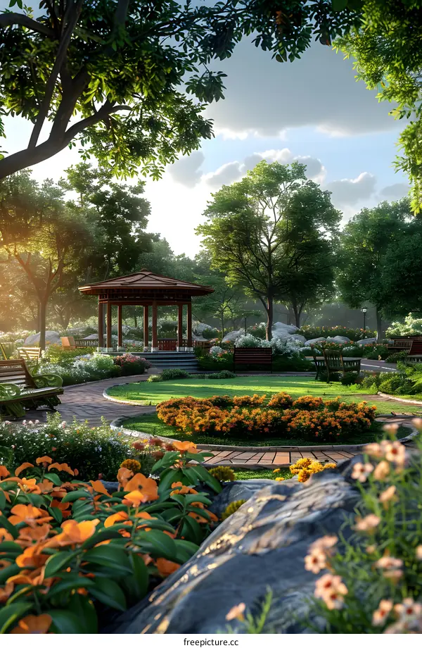 A beautiful park with a gazebo, trees, flowers, and a walking path