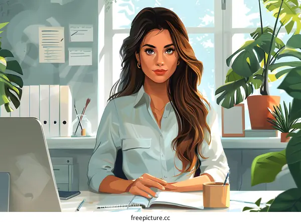 A beautiful woman is sitting at her desk and looking at the camera.