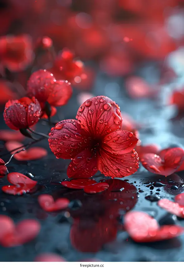 Red flower with dew drops