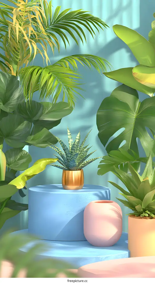 Tropical Plants and Blue and Pink Platforms