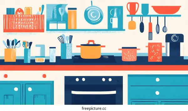 Kitchen Illustration With Colorful Utensils And Appliances