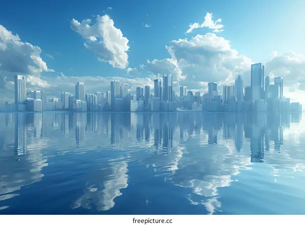 Blue cityscape with skyscrapers reflecting in the water