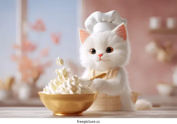 Cute Cartoon Cat Chef Whipping Cream