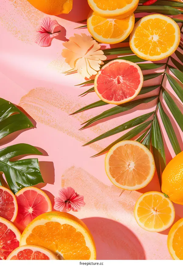 Tropical Citrus Fruit and Palm Leaf Still Life on Pink Background