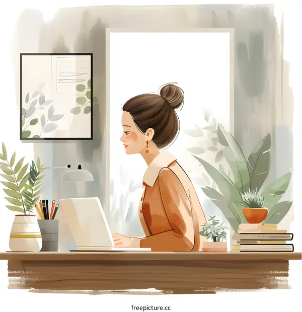 Woman Working On Laptop With Plants In Background