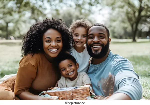 Happy African American Family Having Picnic in Park