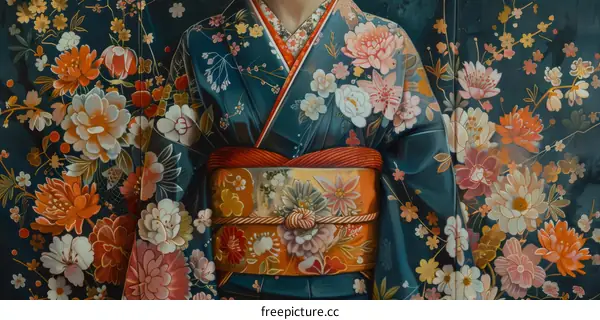 Traditional Japanese Kimono with Floral Pattern