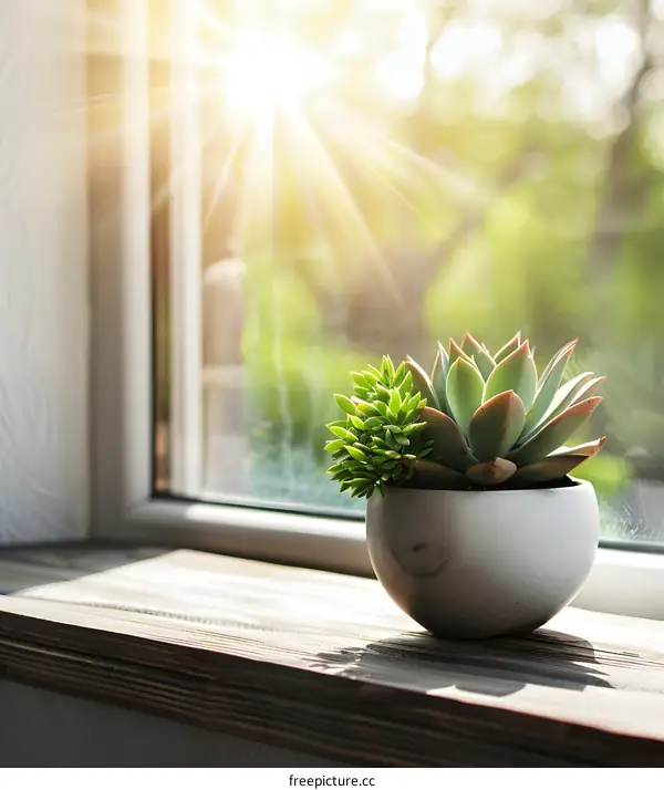 Succulent Plant On Window Sill With Sunshine