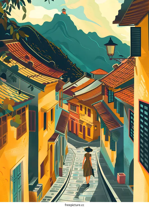 Colorful Buildings and Woman Walking on a Winding Street