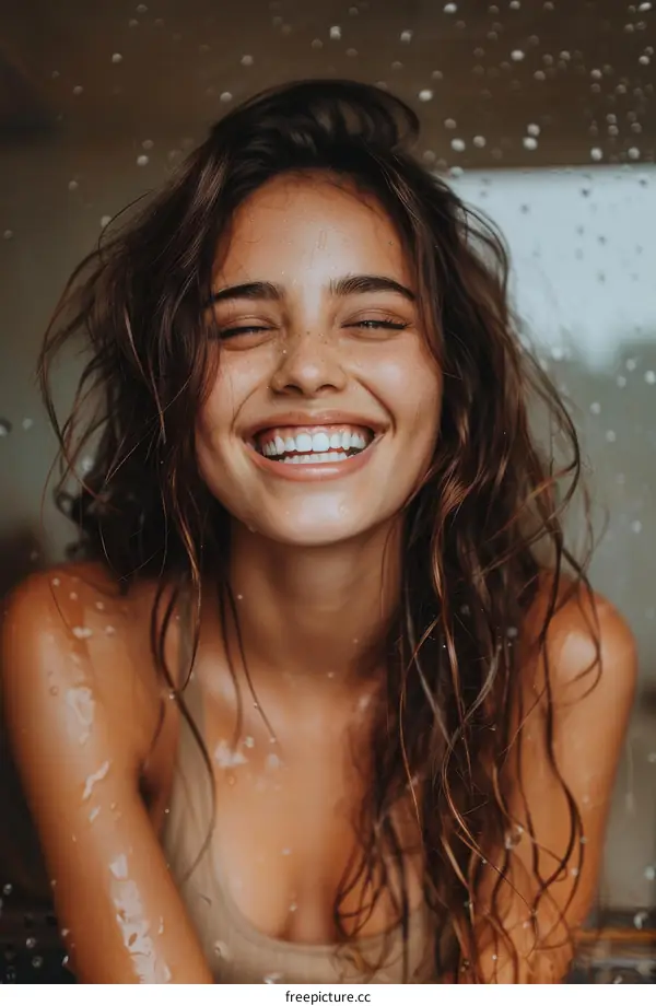 Radiant Smile of a Woman with Wet Hair