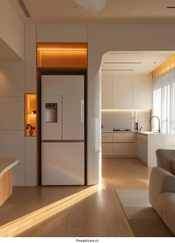 Modern Open-Concept Kitchen with White Cabinets and Wood Floors