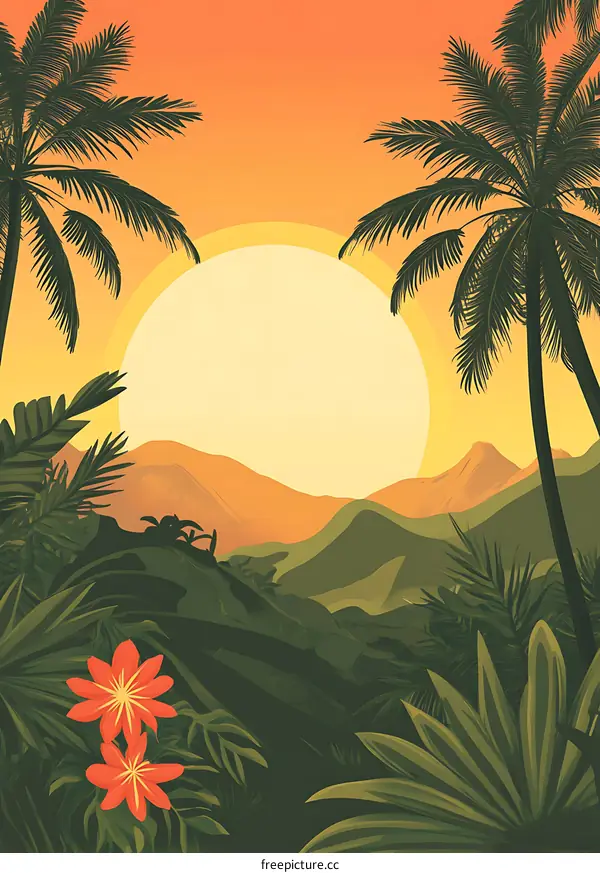 Tropical Sunset Landscape with Palm Trees and Mountains