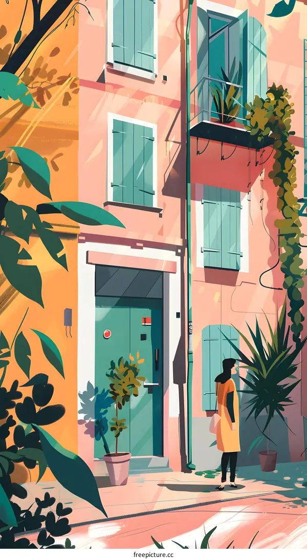 Woman in Yellow Outfit Walking Past a Green Door Building in France