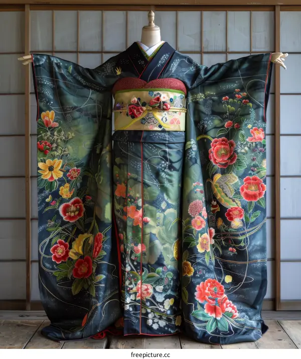 A kimono with a pattern of flowers and birds