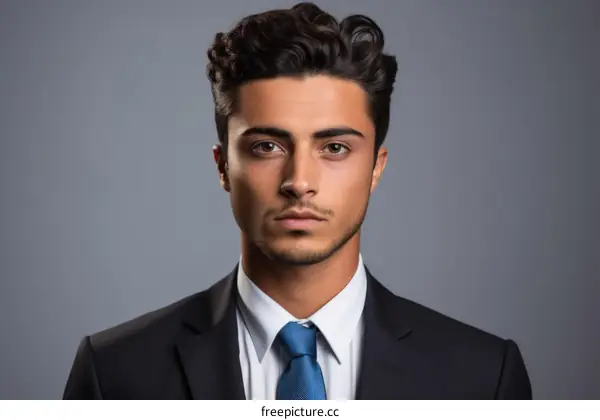 Headshot of a young professional man in a suit and tie