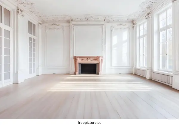 Elegant Empty Room with Ornate Moldings and Large Windows