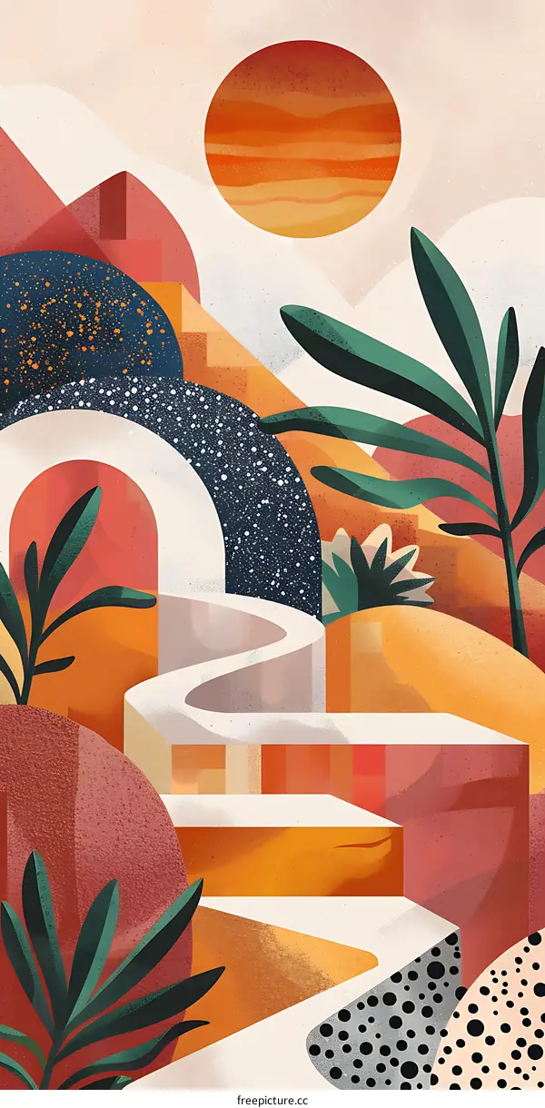 Abstract Landscape With Sun and Plants Illustration