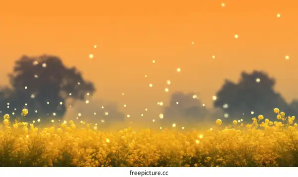 Beautiful Yellow Flower Field at Dusk with Firefly Glow
