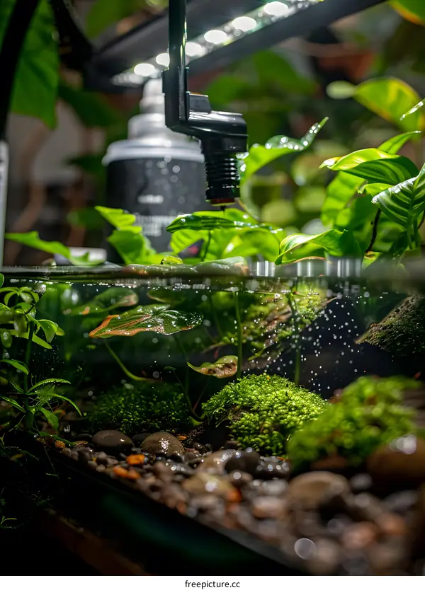 Aquatic Plants in a Fish Tank with Water Droplets