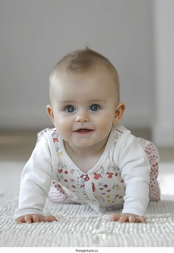 Cute Baby Girl Crawling on White Carpet