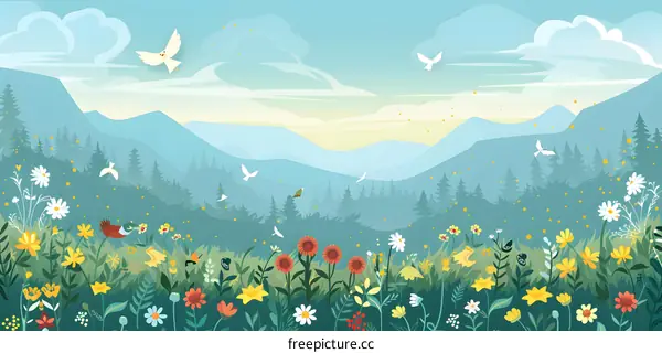 Beautiful Landscape Illustration with Colorful Flowers and Flying Birds