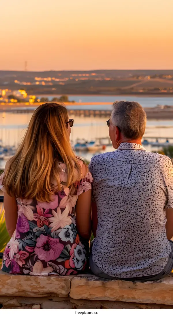 Couple Sitting on a Wall Watching Sunset Over the Sea