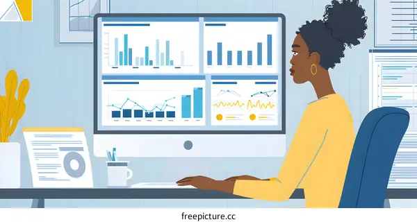 African American Woman Working on a Computer with Charts on the Screen