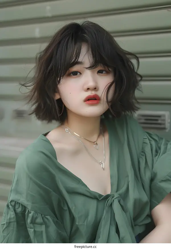 Asian Woman with Short Hair Wearing Green Blouse and Silver Necklace