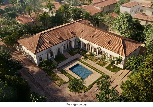 Aerial View of a Traditional Mediterranean House with a Courtyard and Pool