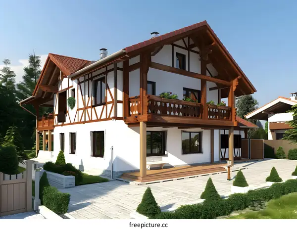 Exterior Design of a Two Story House with Timber Frame