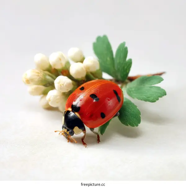 Ladybug on a sprig of flowers close-up