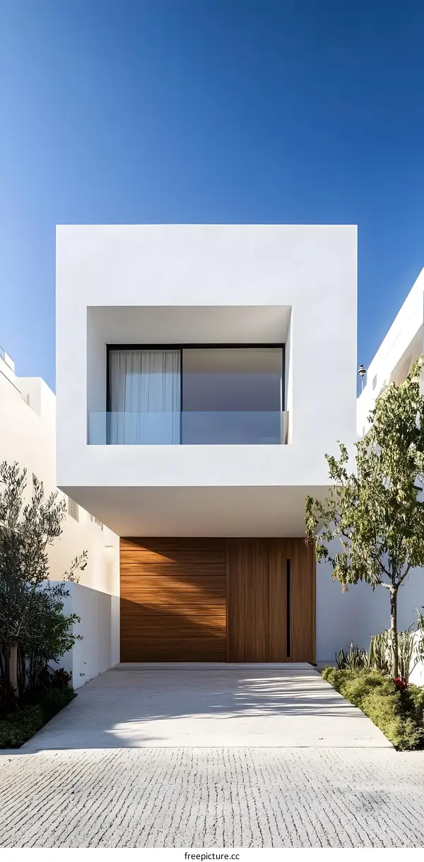 Modern Minimalist White House with Wood Garage Door and Balcony