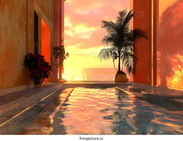 Sunset View from a Poolside Terrace with Palm Trees and Orange Walls