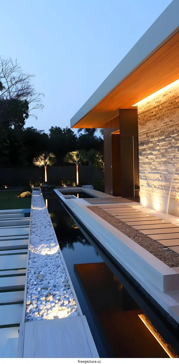 Modern Home with Water Feature and Stone Wall