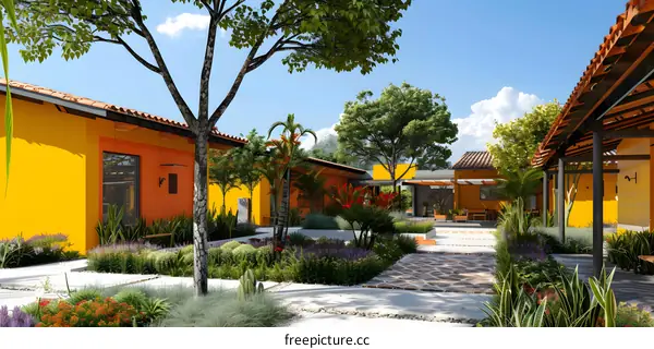 Yellow  Building with  Courtyard  and Landscaping in Tropical Setting