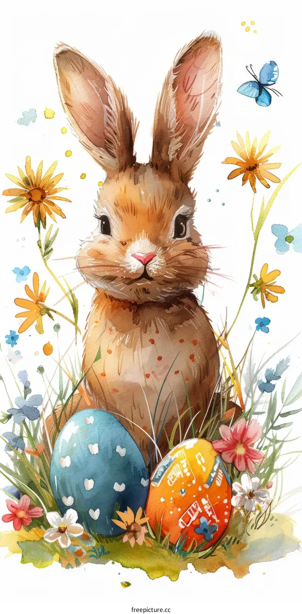 Cute Bunny Rabbit with Easter Eggs - Watercolor Illustration