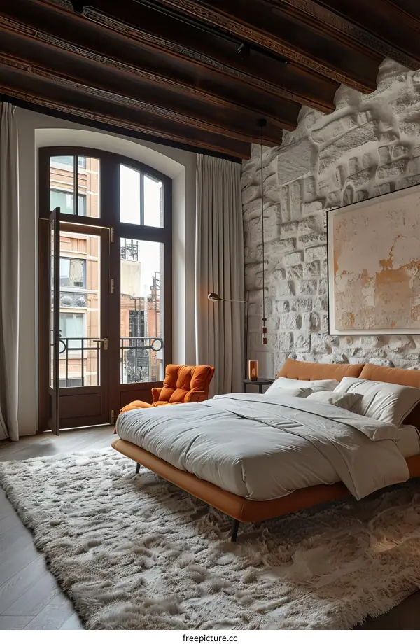 Modern bedroom interior design with exposed stone wall and large windows