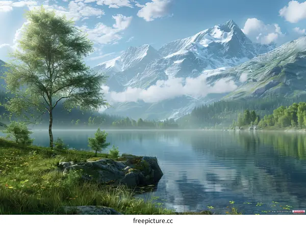 Mountains, lake and trees in nature landscape scenery