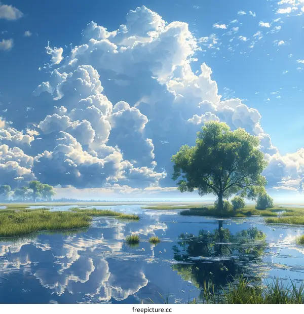 A Peaceful Lakeside Scenery with Fluffy Clouds