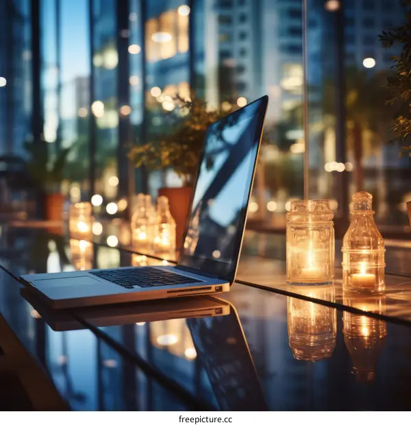 Laptop with City Lights and Candles at Night
